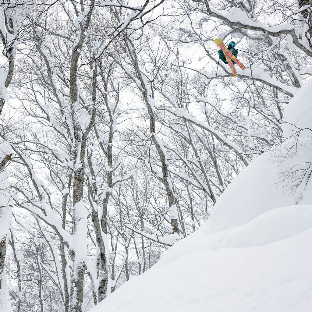 Skier jumping through snow-covered trees.