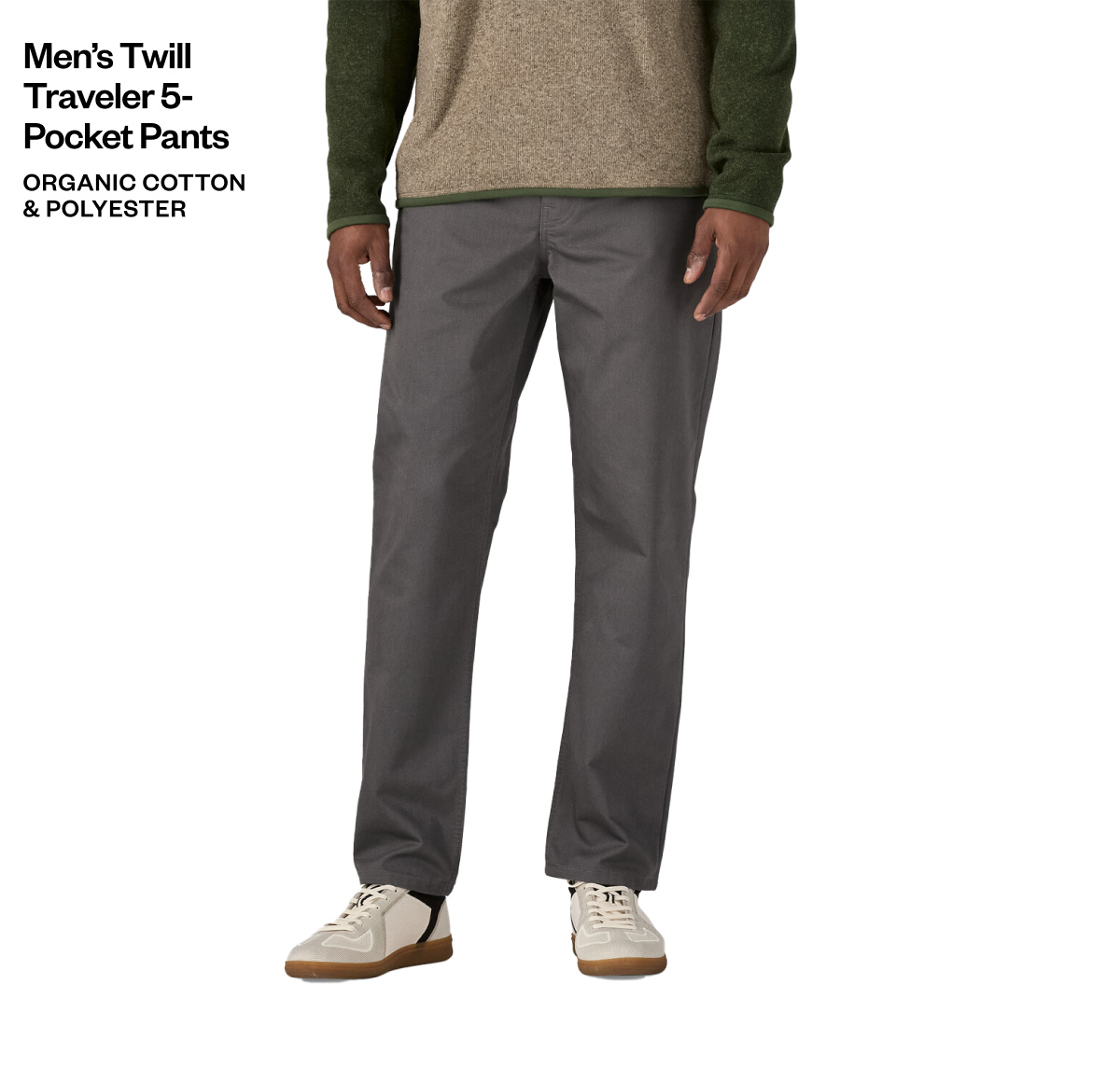 Men's Twill Traveler 5-Pocket Pants in organic cotton and polyester.