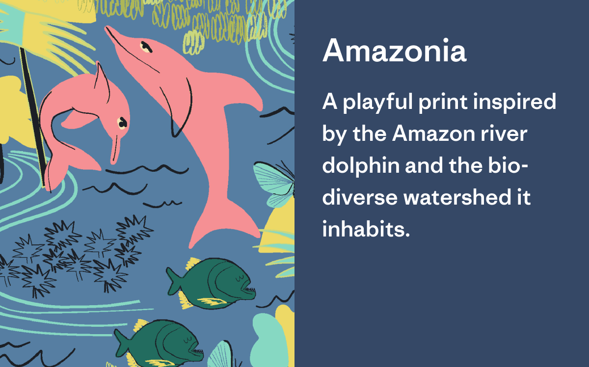 Pink Dolphins. A close-up of a print design featuring pink dolphins and green and yellow fish.