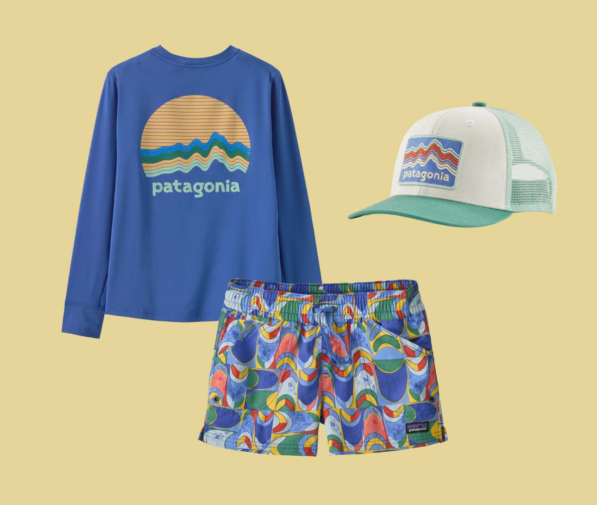 An assortment of kids summer clothing.