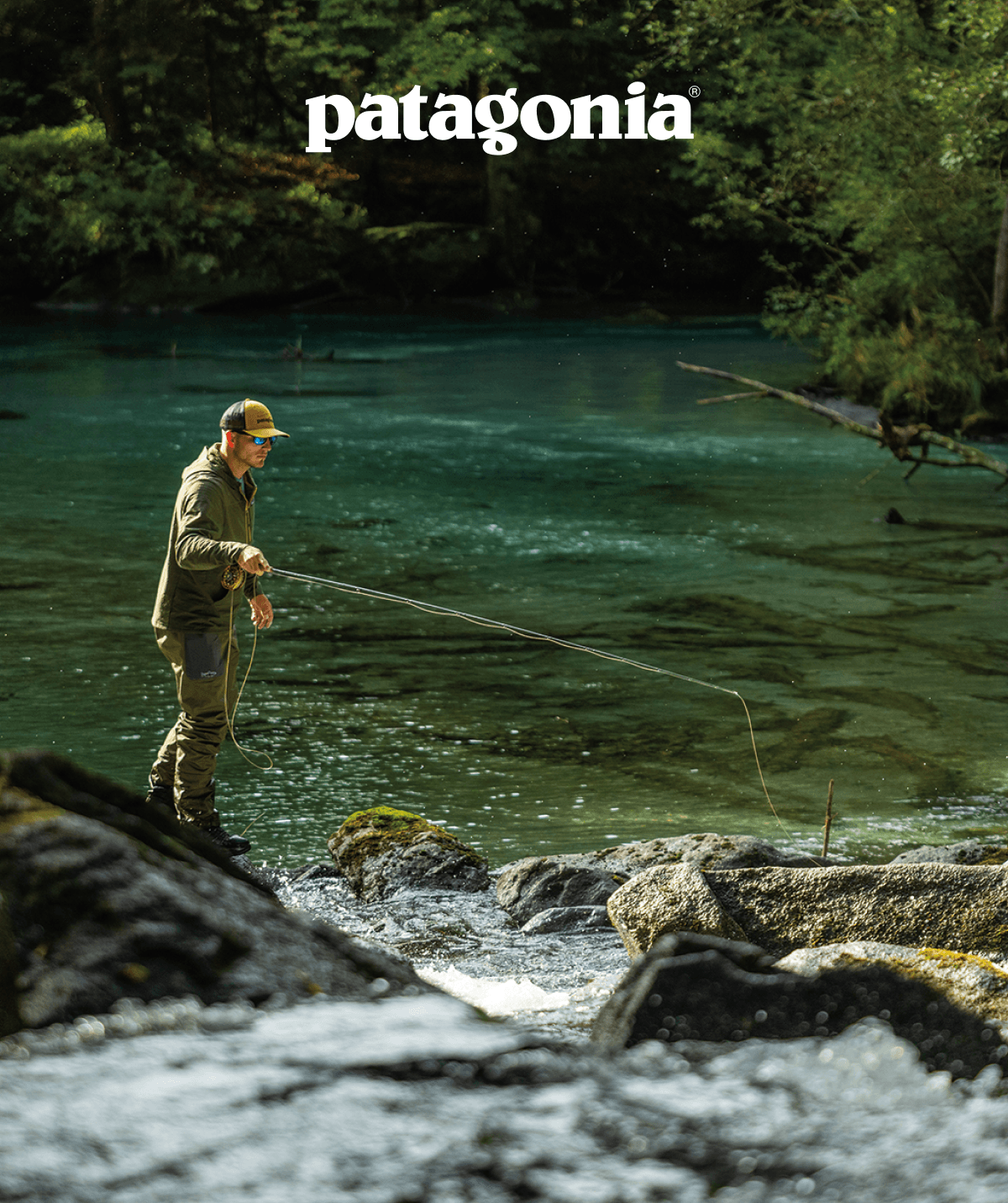 Patagonia. An angler makes a cast to a rocky river pool