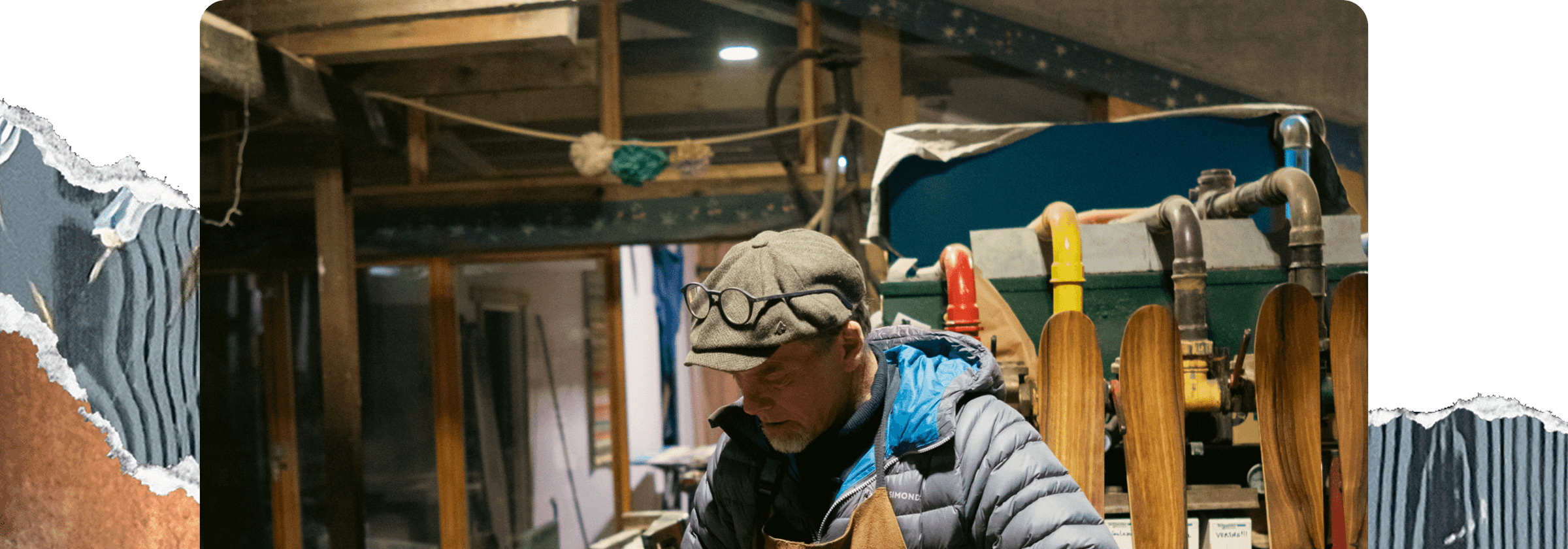 Peter Steltzner working at a wooden workbench, finishing skis in a workshop.
