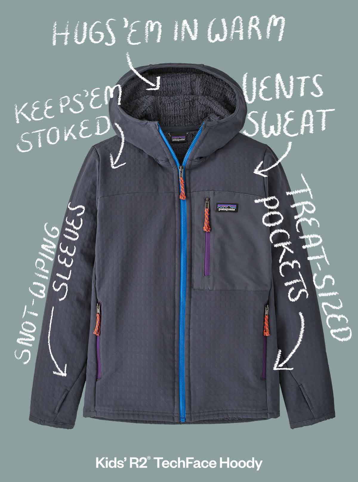 Kids' R2 TechFace Hoody. Hugs 'em in warmth, vents sweat and keeps 'em stoked, with treat-sized pockets and snot-wiping sleeves. Shop