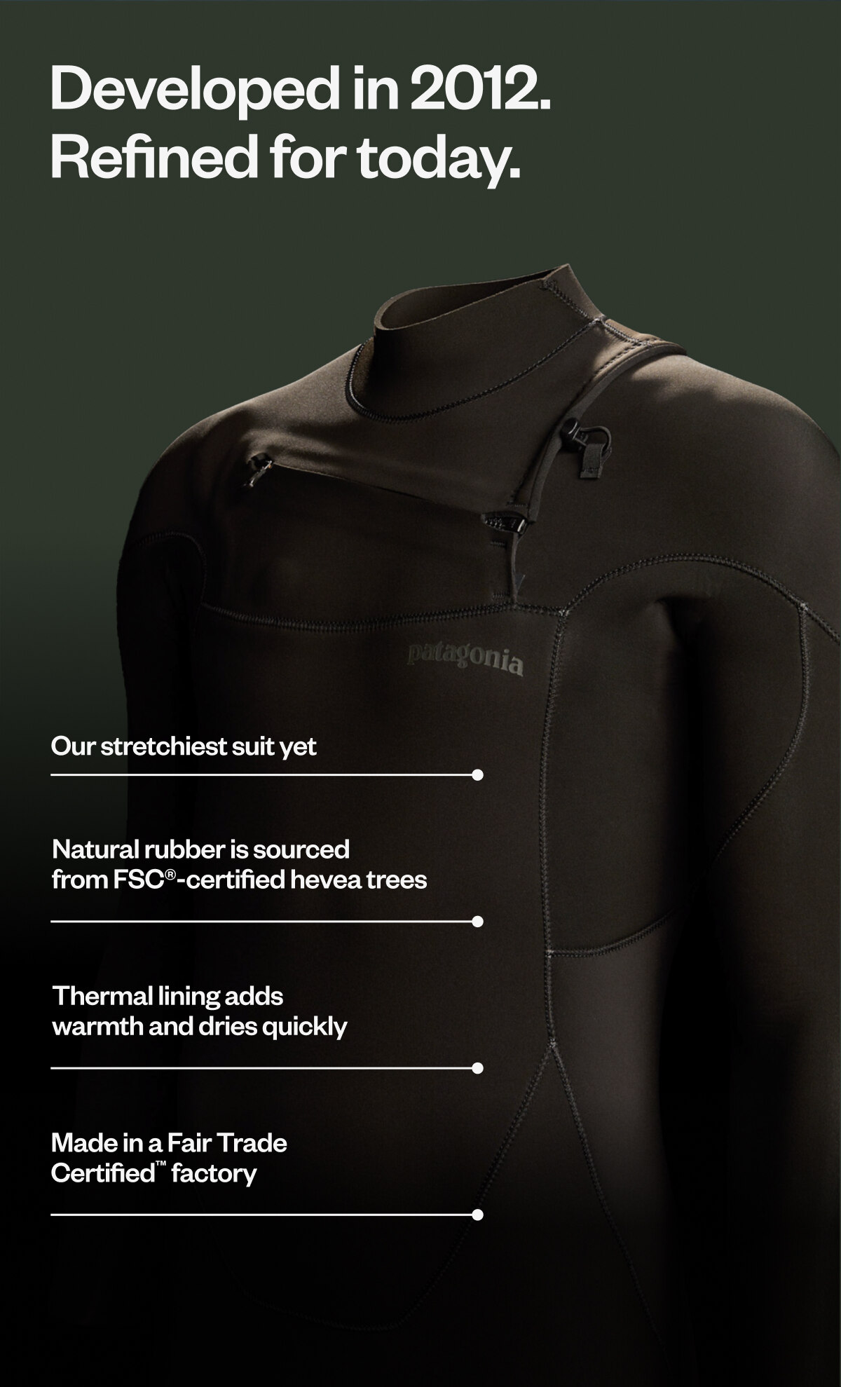 Developed in 2012. Refined for today. These are our stretchiest suits yet. The natural rubber is sourced from FSC®-certified hevea trees. A thermal lining adds warmth and dries quickly. 
            And they're made in a Fair Trade Certified factory. Shop wetsuits.