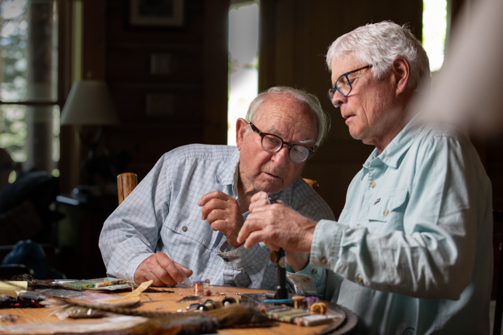 Yvon Chouinard, Craig Matthews working on the Pheasant Tail Book in southeast Montana.