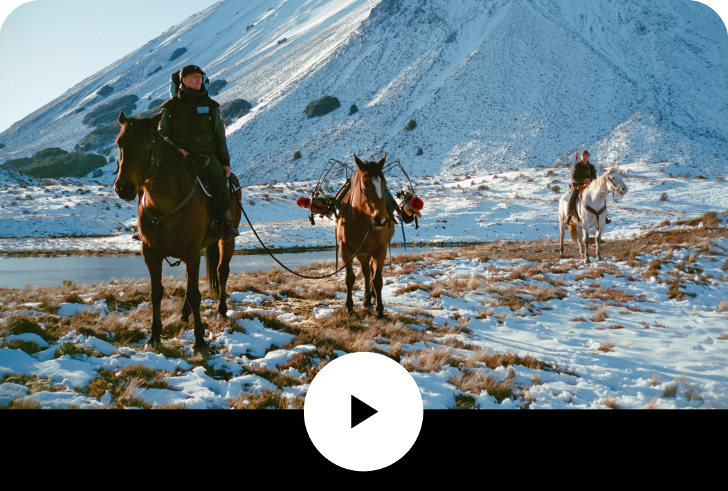 Two people on horseback lead a third horse that carries skis across snowy terrain